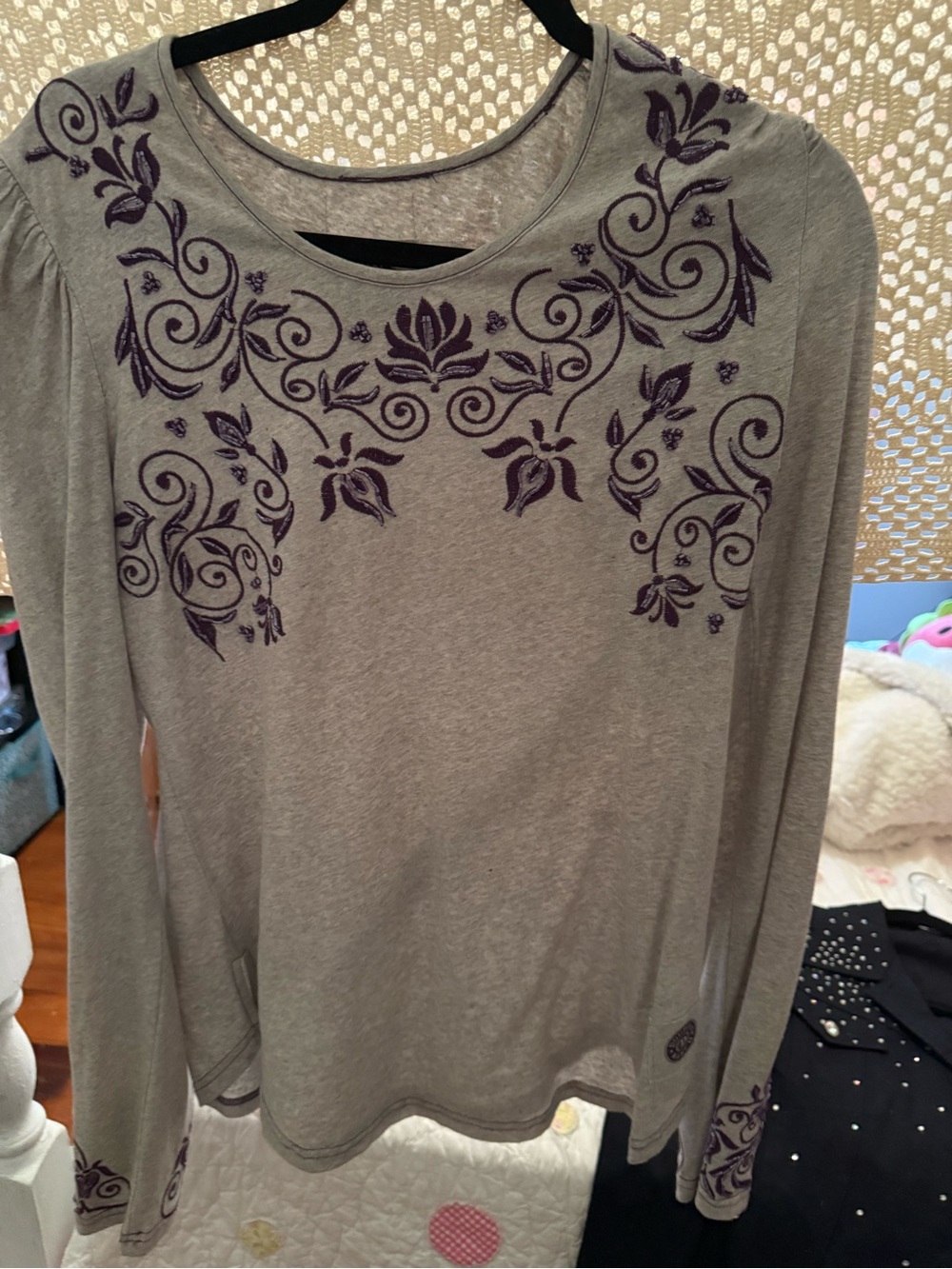 Double D Ranch Gray Long Sleeve Top with Purple Embroidery